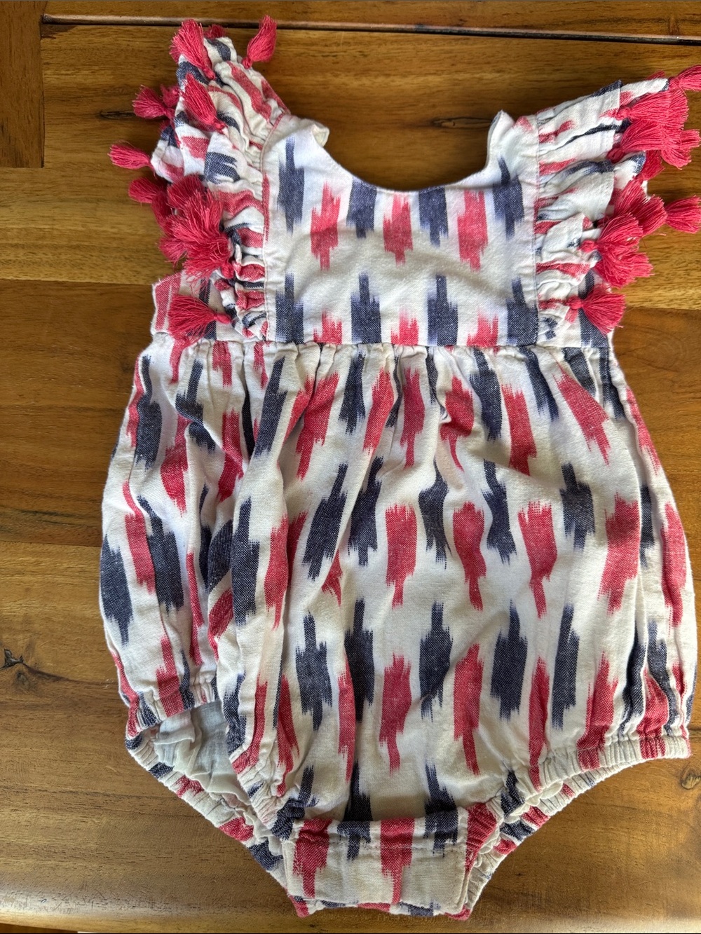 Baby Girls Red and Navy Ikat Tassel Romper